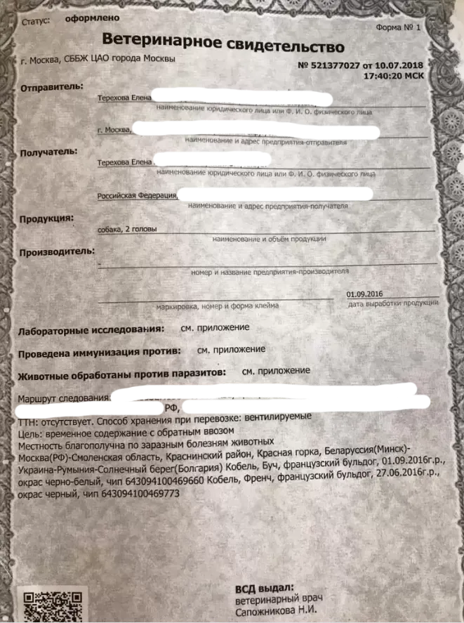 Ветеринарное свидетельство Ф1