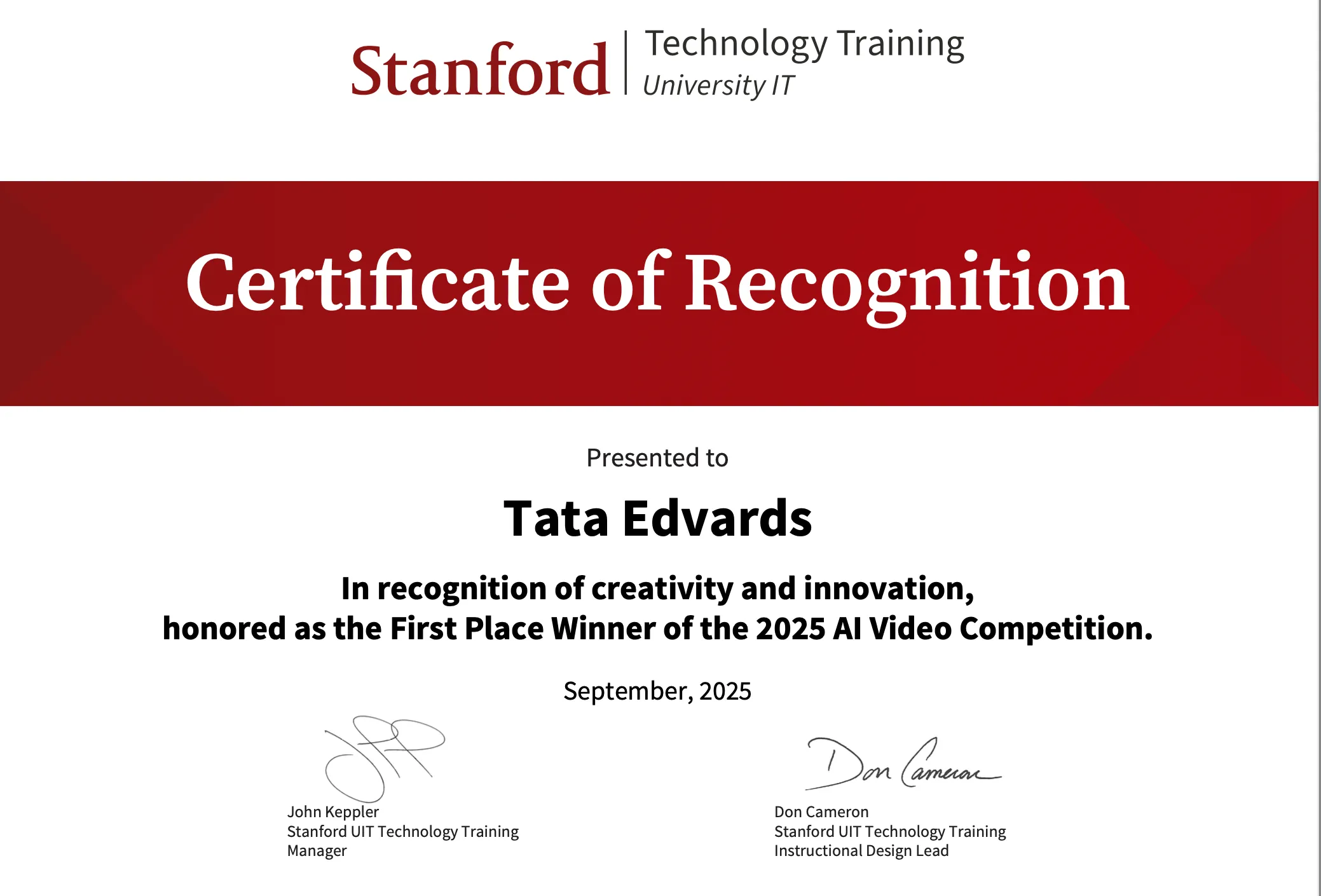 Сертификат Stanford — Tata Edvards